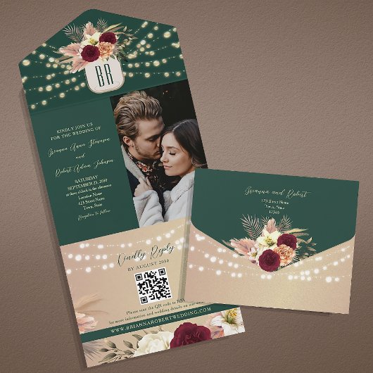 Emerald Floral Boho Wedding All In One Uitnodiging