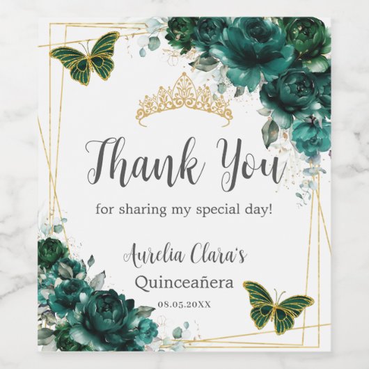 Emerald Floral Gold Butterflies Quinceañera Favor Wijn Etiket (Enkel label)