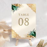 Emerald Floral Gold Lace Cream Wedding Kaart<br><div class="desc">Elegant islamic wedding table number featuring beautiful emerald green flowers and intricate lace with modern typography.</div>