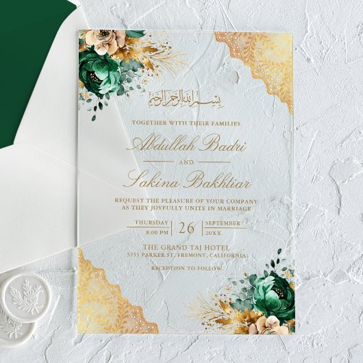 Emerald Floral Gold Lace Muslim Wedding Acryl Uitnodigingen