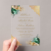 Emerald Floral Gold Lace Muslim Wedding Acryl Uitnodigingen (Insitu (Draagbaar))