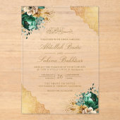 Emerald Floral Gold Lace Muslim Wedding Acryl Uitnodigingen (Voorkant)