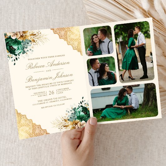 Emerald Floral Gold Lace QR code Cream Wedding