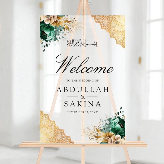 Emerald Floral Gold Muslim Wedding Welcome Frosted Acryl Bord
