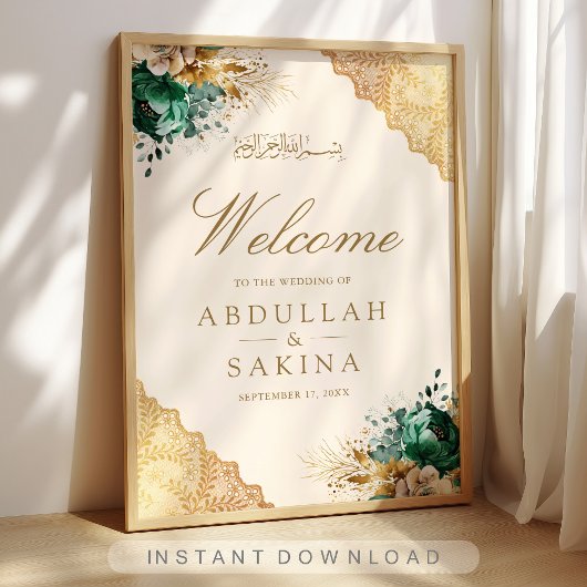Emerald Floral Gold Muslim Wedding Welcome Poster