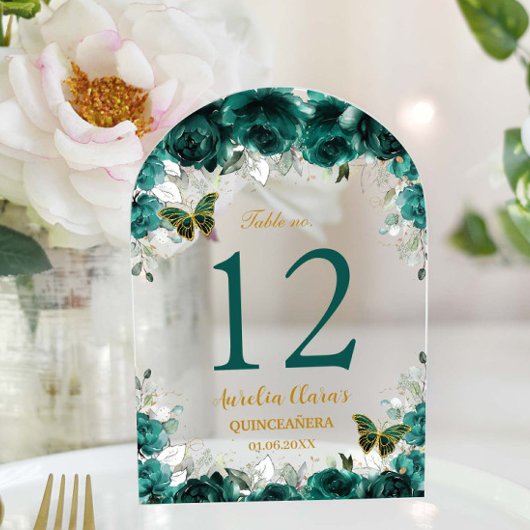 Emerald Floral Gold Quinceañera XV 16 Tafelnummer