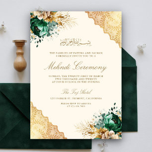 Emerald Floral Gouden Kant Moslim Mehndi Ceremonie Kaart