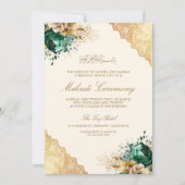 Emerald Floral Gouden Kant Moslim Mehndi Ceremonie Kaart (Voorkant)