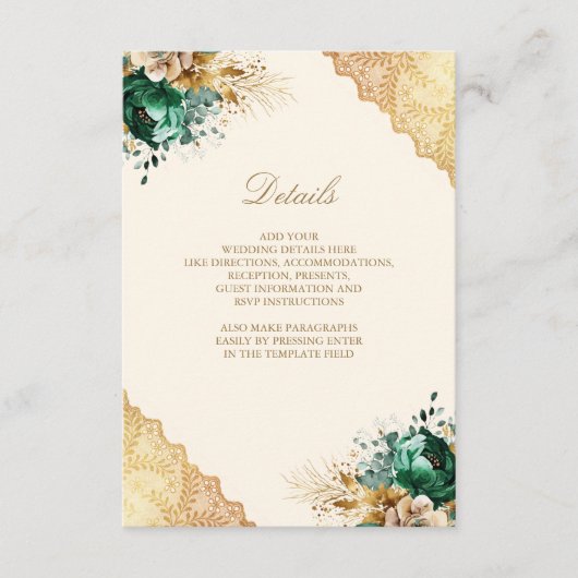 Emerald Floral Gouden Kant Moslim Trouwdetails Informatiekaartje (Voorkant)