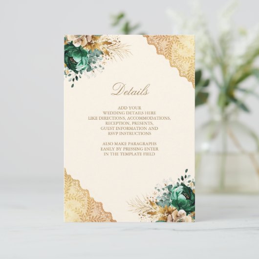 Emerald Floral Gouden Kant Moslim Trouwdetails Informatiekaartje (Staand voorkant)