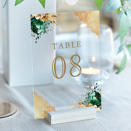 Emerald Floral Lace Wedding Acrylic Table Number Acryl Uitnodigingen