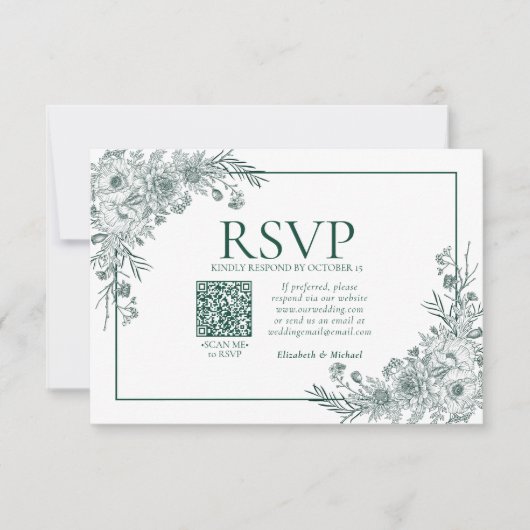  Emerald Floral Line Art QR Code RSVP (Voorkant)