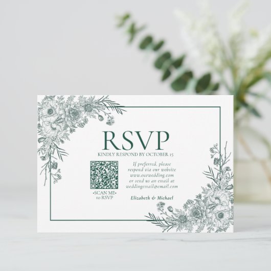  Emerald Floral Line Art QR Code RSVP (Staand voorkant)