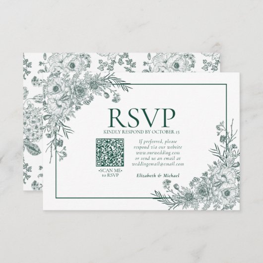  Emerald Floral Line Art QR Code RSVP (Voorkant / Achterkant)