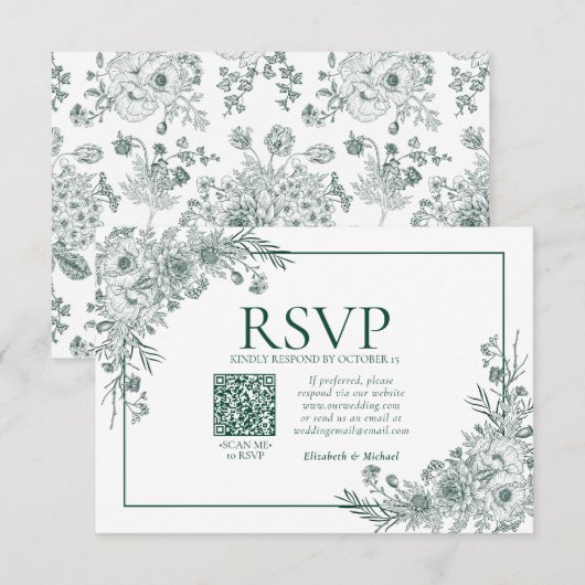  Emerald Floral Line Art QR Code RSVP Kaartje (Voorkant / Achterkant)