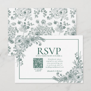  Emerald Floral Line Art QR Code RSVP Kaartje