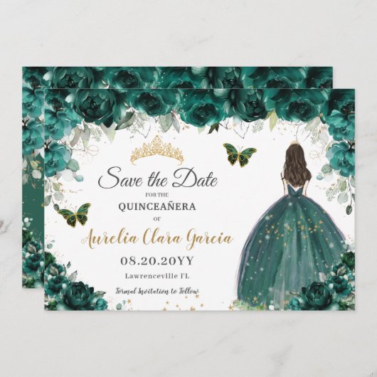 Emerald Floral Princess Quinceañera Save the Date (Voorkant / Achterkant)