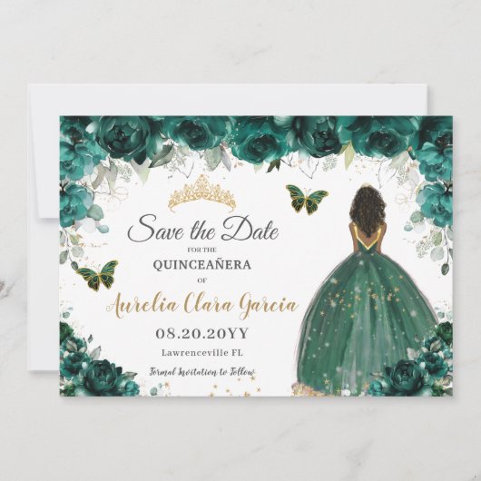Emerald Floral Princess Quinceañera Save the Date (Voorkant)
