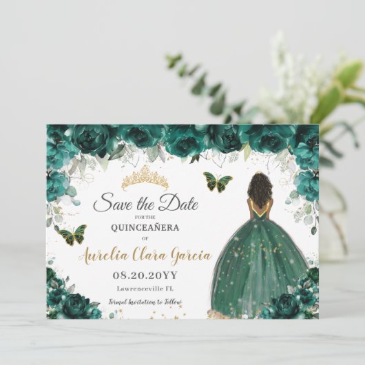 Emerald Floral Princess Quinceañera Save the Date (Staand voorkant)