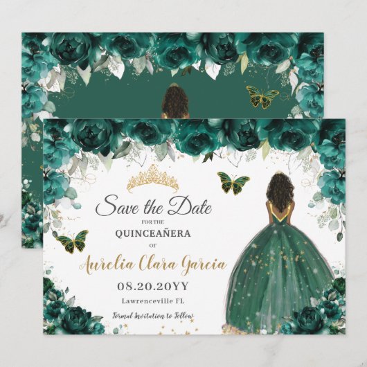 Emerald Floral Princess Quinceañera Save the Date (Voorkant / Achterkant)