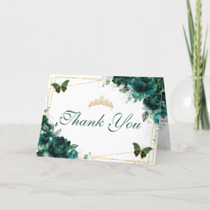 Emerald Floral Quinceañera Birthday Butterflies Bedankkaart