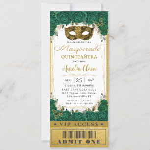 Emerald Floral Quinceañera Masquerade VIP Ticket Kaart