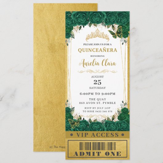 Emerald Floral Quinceañera Sweet 16 VIP Ticket Kaart (Voorkant / Achterkant)