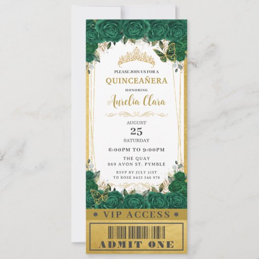 Emerald Floral Quinceañera Sweet 16 VIP Ticket Kaart (Voorkant)