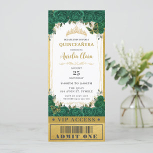 Emerald Floral Quinceañera Sweet 16 VIP Ticket Kaart