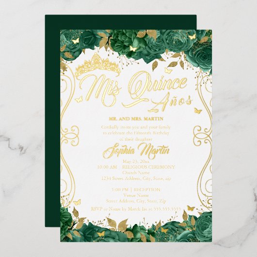 Emerald Floral Scroll Mis Quince Quinceanera Folie Uitnodiging (Voorkant / Achterkant)