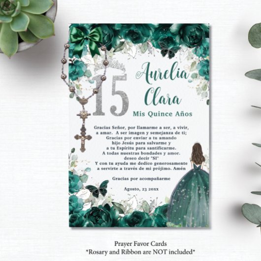 Emerald Floral Silver Quinceañera 15 Gebed Kaart