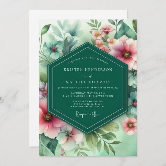 Emerald Floral Whimsy Wedding Kaart (Voorkant / Achterkant)