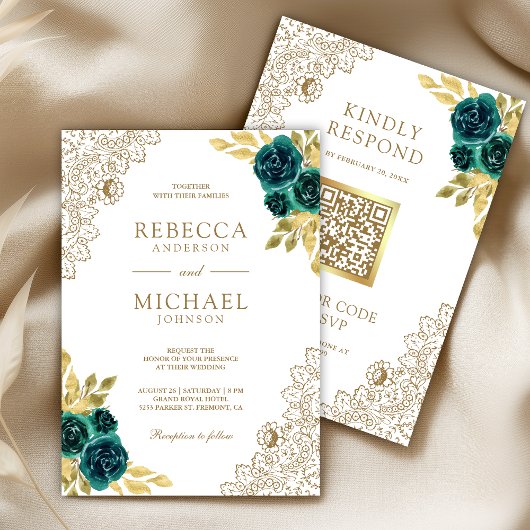 Emerald Floral White Gold Lace QR Code Wedding Kaart