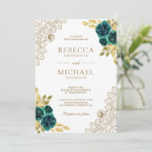Emerald Floral White Gold Lace QR Code Wedding Kaart (Staand voorkant)