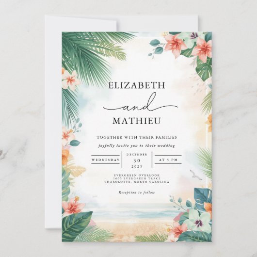 Emerald Frond Coral Bloom Wedding Kaart (Voorkant)