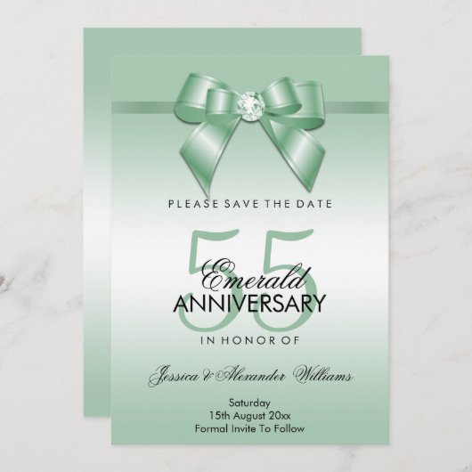 Emerald Gem Bow & Ribbon 55th Wedding Jubileum Save The Date (Voorkant / Achterkant)