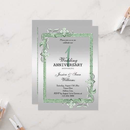 Emerald Gem & Glitter & Silver 1st Wedding Invitat Kaart (Voorkant / Achterkant in situ)