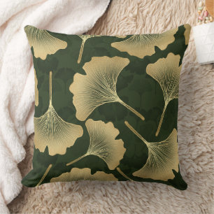 Emerald Ginkgo Elegantie – Luxe Gouden Botanische Kussen