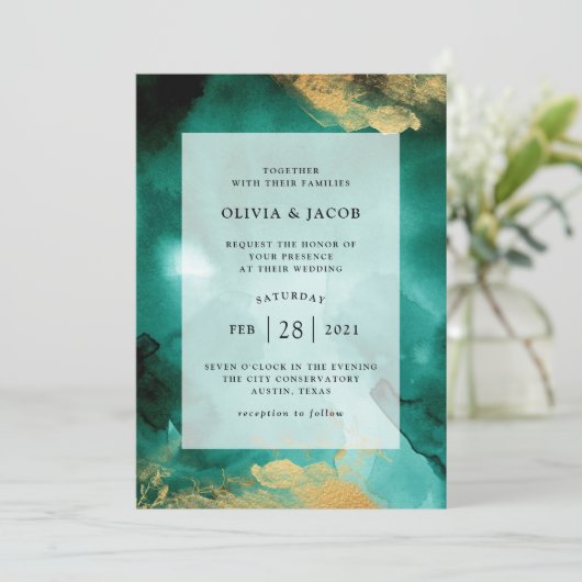 Emerald Glamor | Waterverf en gouden bruiloft Kaart (Staand voorkant)