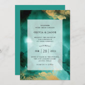 Emerald Glamor | Waterverf en gouden bruiloft Kaart (Voorkant / Achterkant)