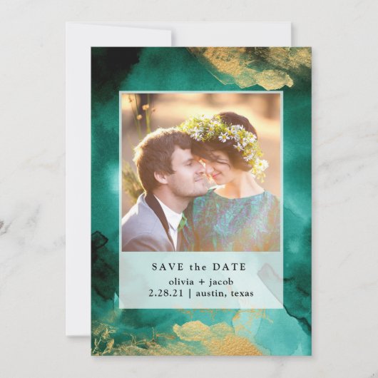 Emerald Glamor | Waterverf en goudfoto Save The Date (Voorkant)