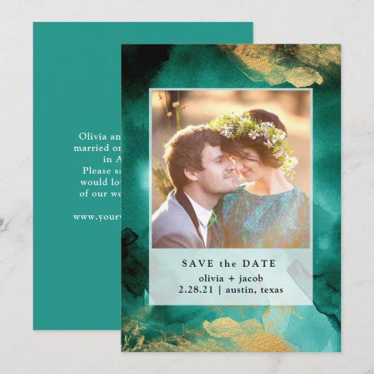 Emerald Glamor | Waterverf en goudfoto Save The Date (Voorkant / Achterkant)