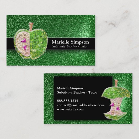 Emerald Glitter Apple Substituut Teacher Tutor Visitekaartje (Voorkant / Achterkant)