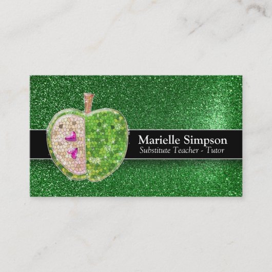Emerald Glitter Apple Substituut Teacher Tutor Visitekaartje (Voorkant)