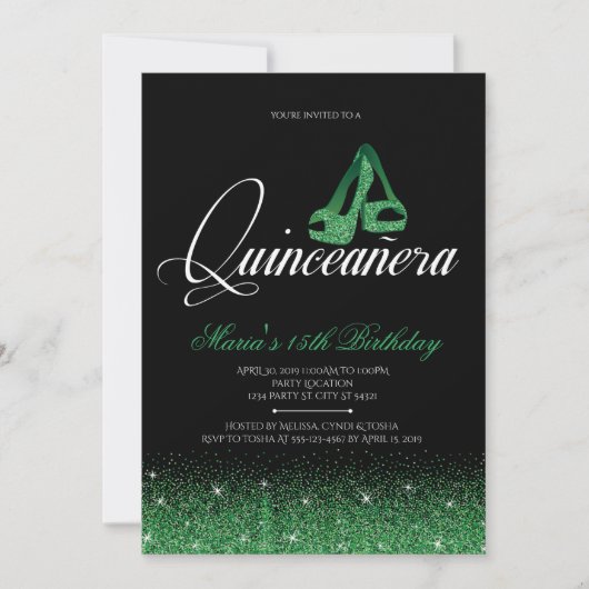 Emerald Glitter, Quinceanera-uitnodigingen Kaart (Voorkant)