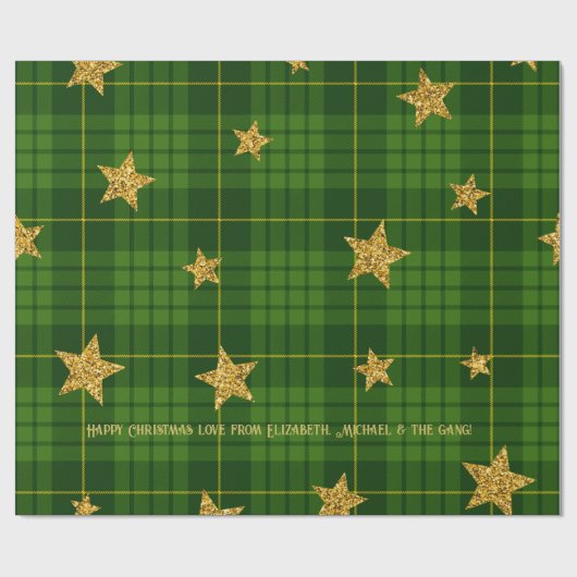 Emerald Glow Tartan Gold Star Personalized Xmas Cadeaupapier (Vlak)