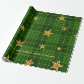 Emerald Glow Tartan Gold Star Personalized Xmas Cadeaupapier (Uitgerold)