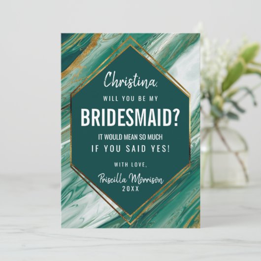 Emerald Gold Abstract Agate Marble Bridesmaid Kaart (Staand voorkant)