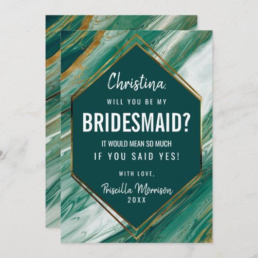 Emerald Gold Abstract Agate Marble Bridesmaid Kaart (Voorkant / Achterkant)