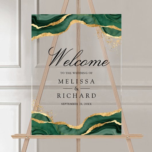 Emerald Gold Abstract Ink Wedding Welcome Acryl Bord